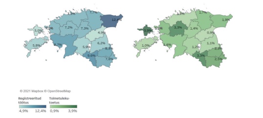 Registreeritud töötuse määr ja toimetulekutoetuse saajate osatähtsus elanikkonnast maakonniti 2020. aastal Eesti kaardil