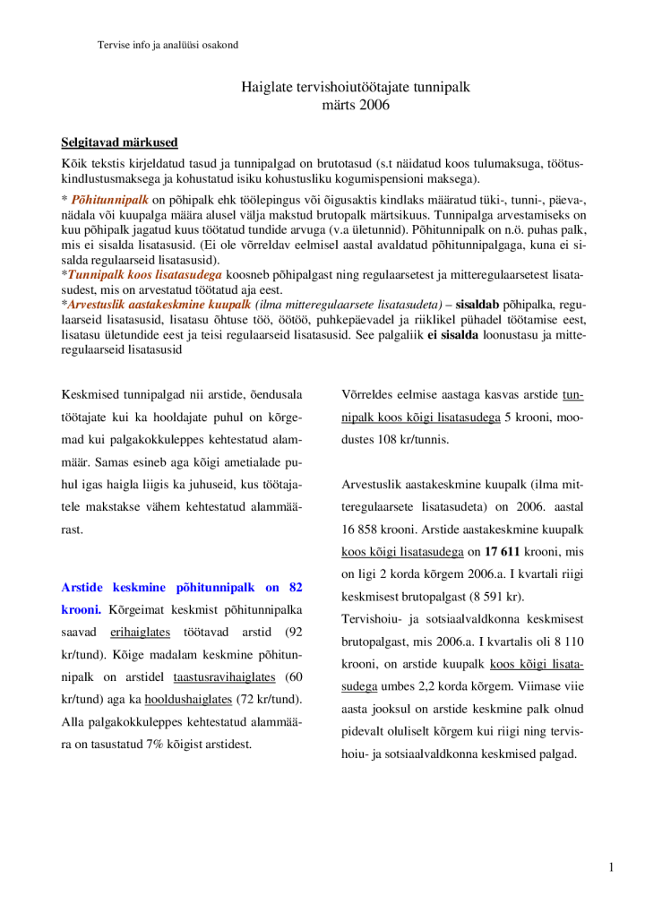 Lühianalüüs "Haiglate tervishoiutöötajate tunnipalk"