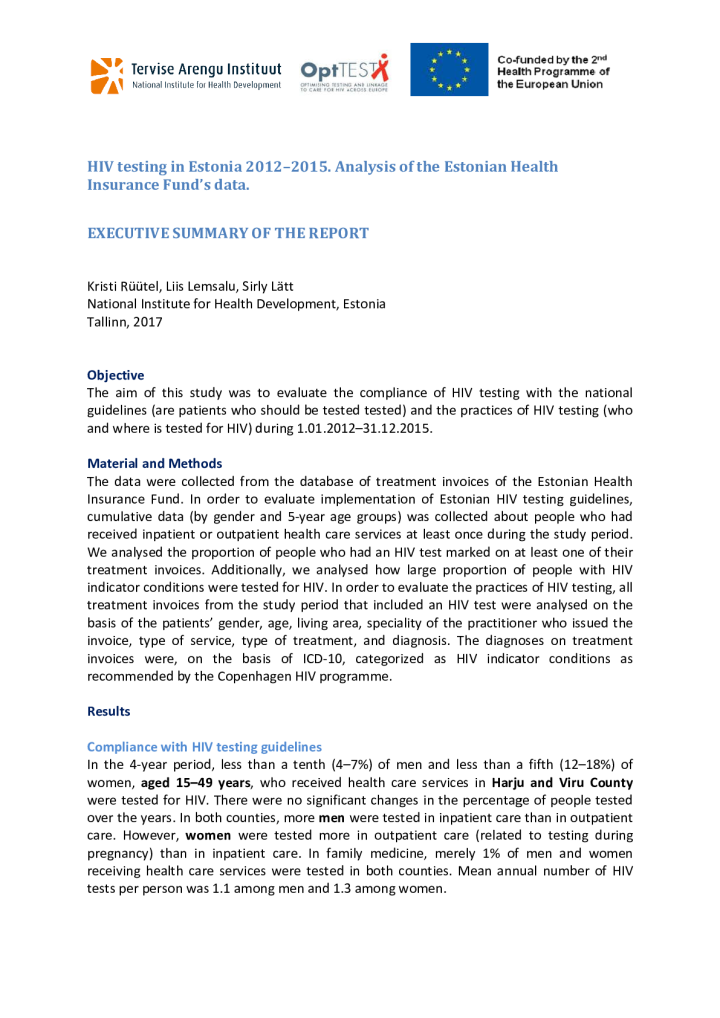 HIV testing in Estonia 2012–2015. Analysis of the Estonian Health Insurance Fund’s data