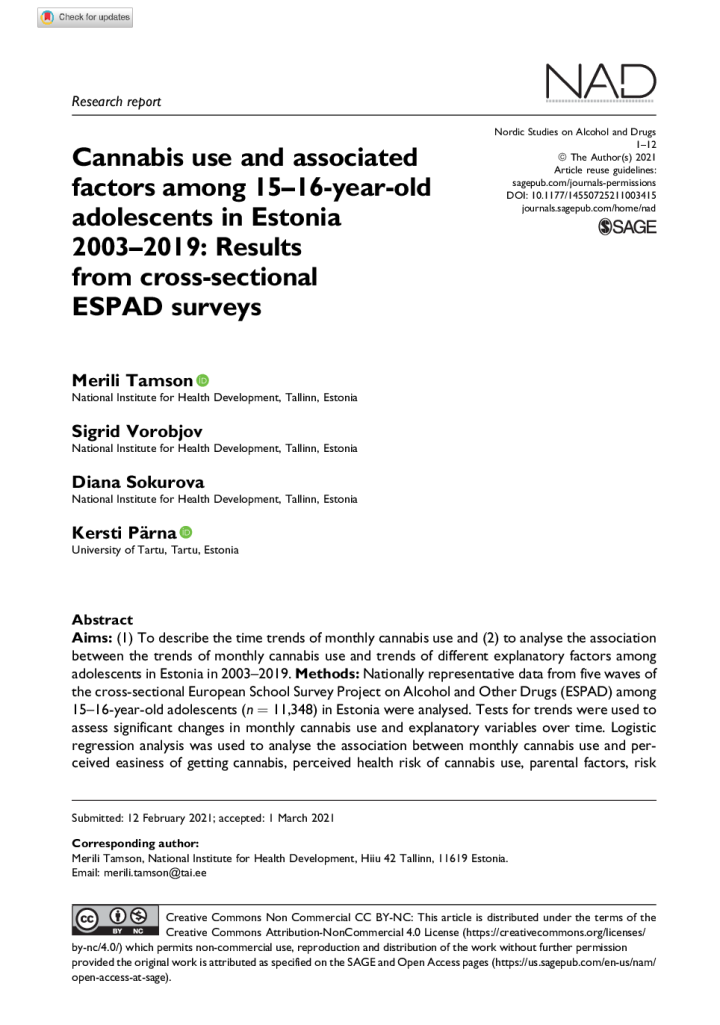 Cannabis use and associated factors among 15–16-year-old adolescents in Estonia2003–2019_Results from cross-sectional ESPAD surveys